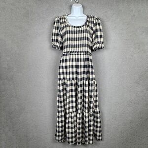Moon River Dress Womens M Navy Cream Check Tiered Prairie Milkmaid Tiered Plaid